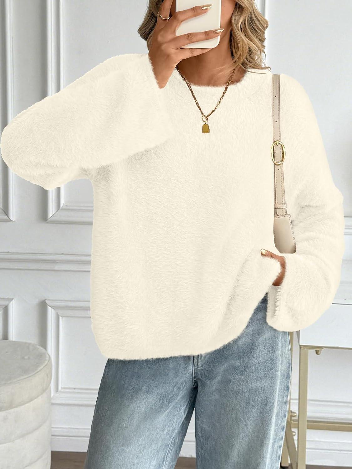 imageLILLUSORY Womens Oversized Fuzzy Chunky Sweaters Cute Fall Cozy Fashion Tops Long Sleeve Crew Neck Trendy Clothes PulloverIvory