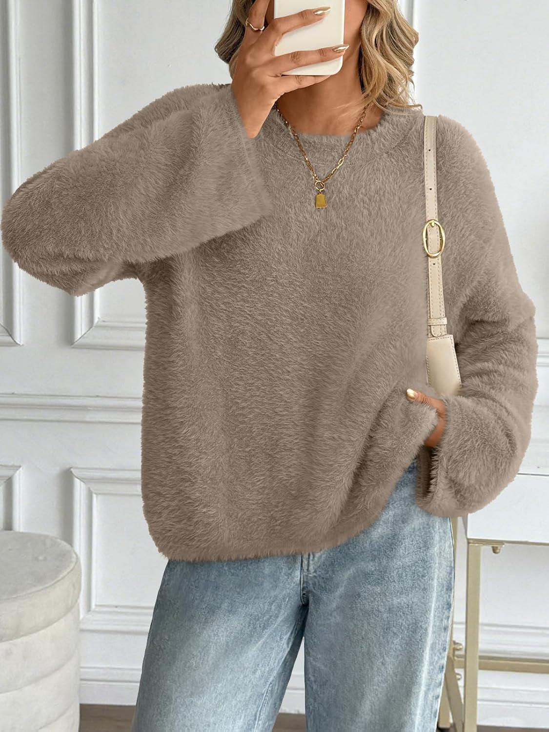 imageLILLUSORY Womens Oversized Fuzzy Chunky Sweaters Cute Fall Cozy Fashion Tops Long Sleeve Crew Neck Trendy Clothes PulloverKhaki