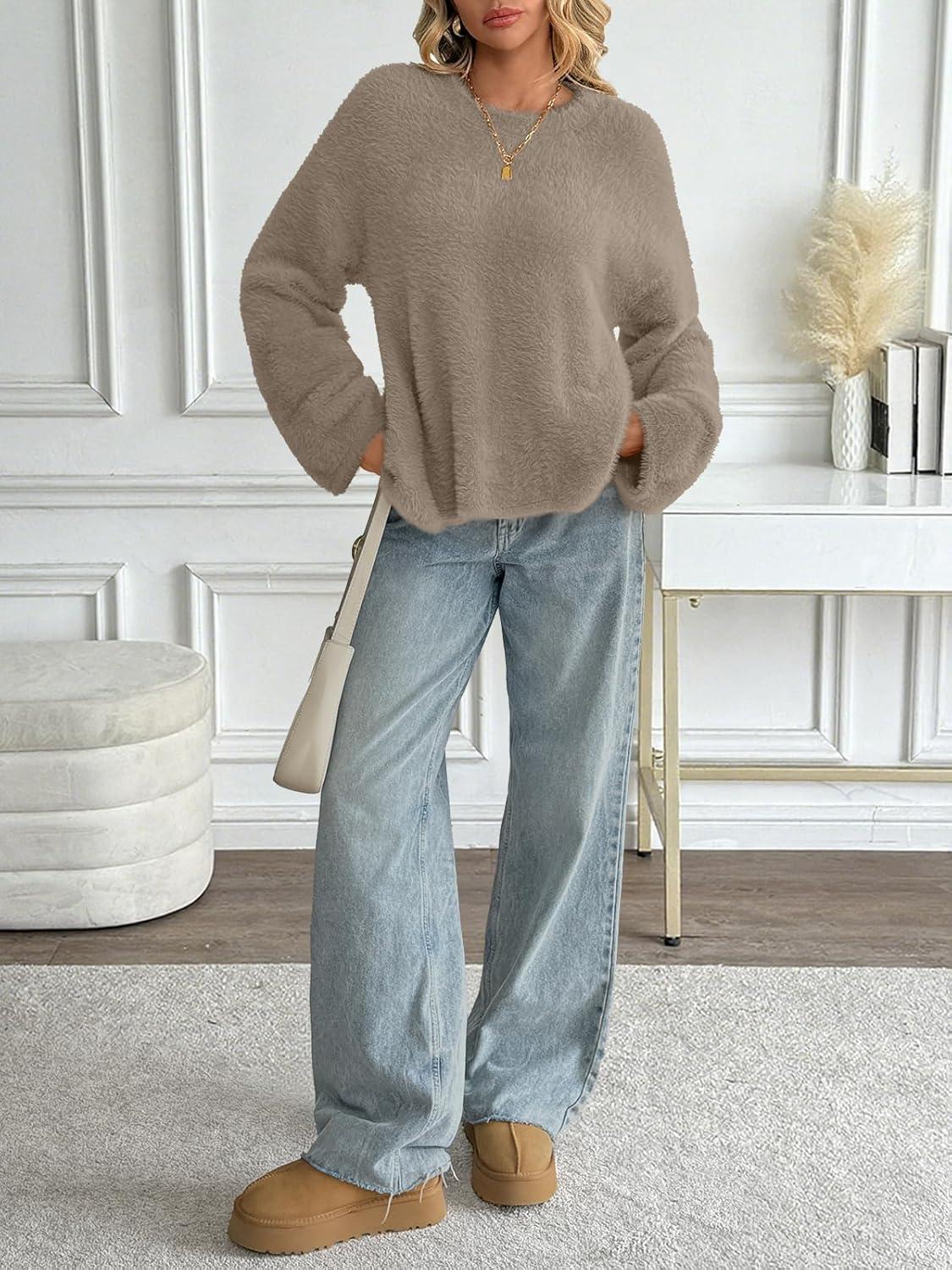 imageLILLUSORY Womens Oversized Fuzzy Chunky Sweaters Cute Fall Cozy Fashion Tops Long Sleeve Crew Neck Trendy Clothes PulloverKhaki