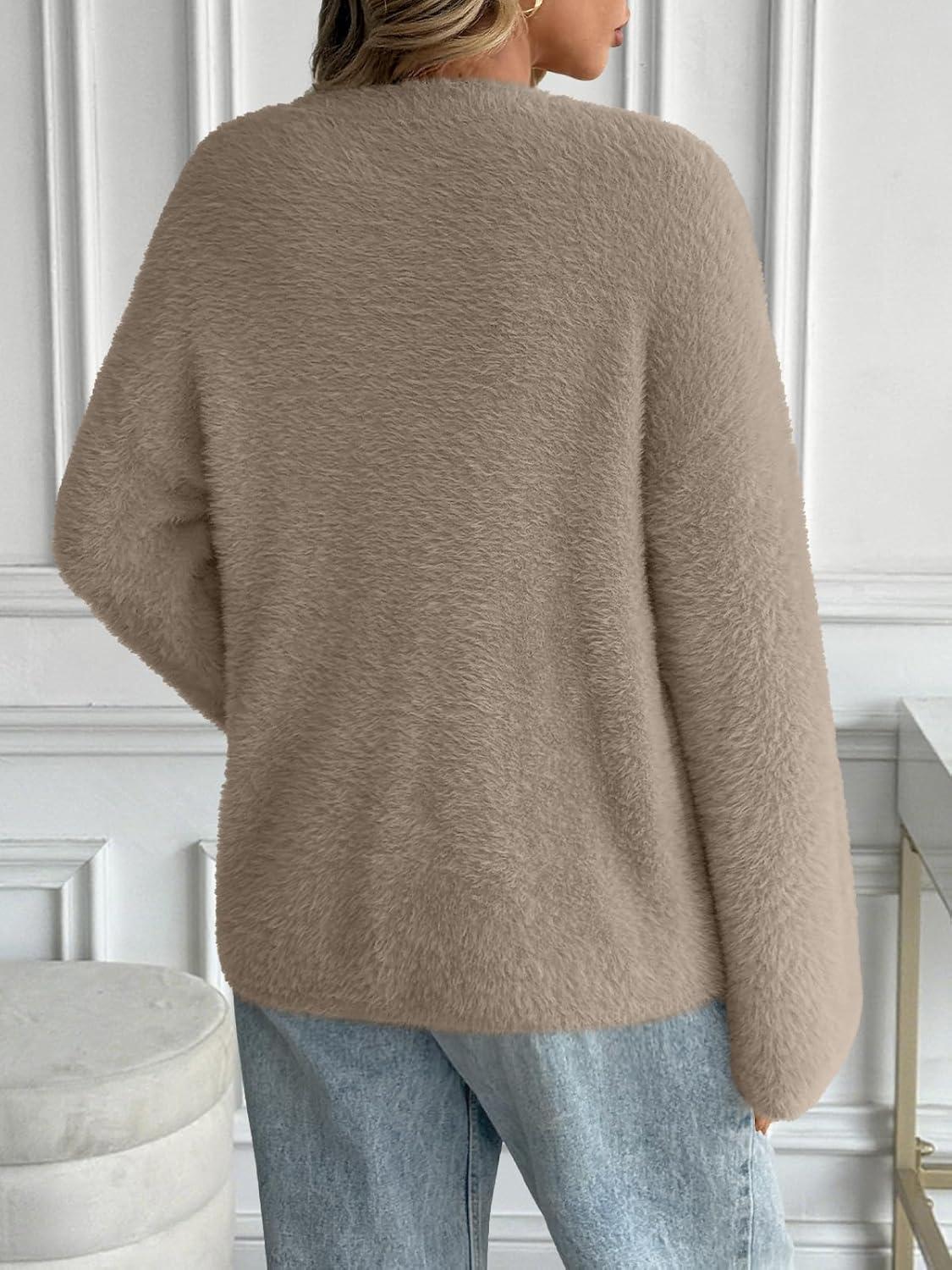 imageLILLUSORY Womens Oversized Fuzzy Chunky Sweaters Cute Fall Cozy Fashion Tops Long Sleeve Crew Neck Trendy Clothes PulloverKhaki