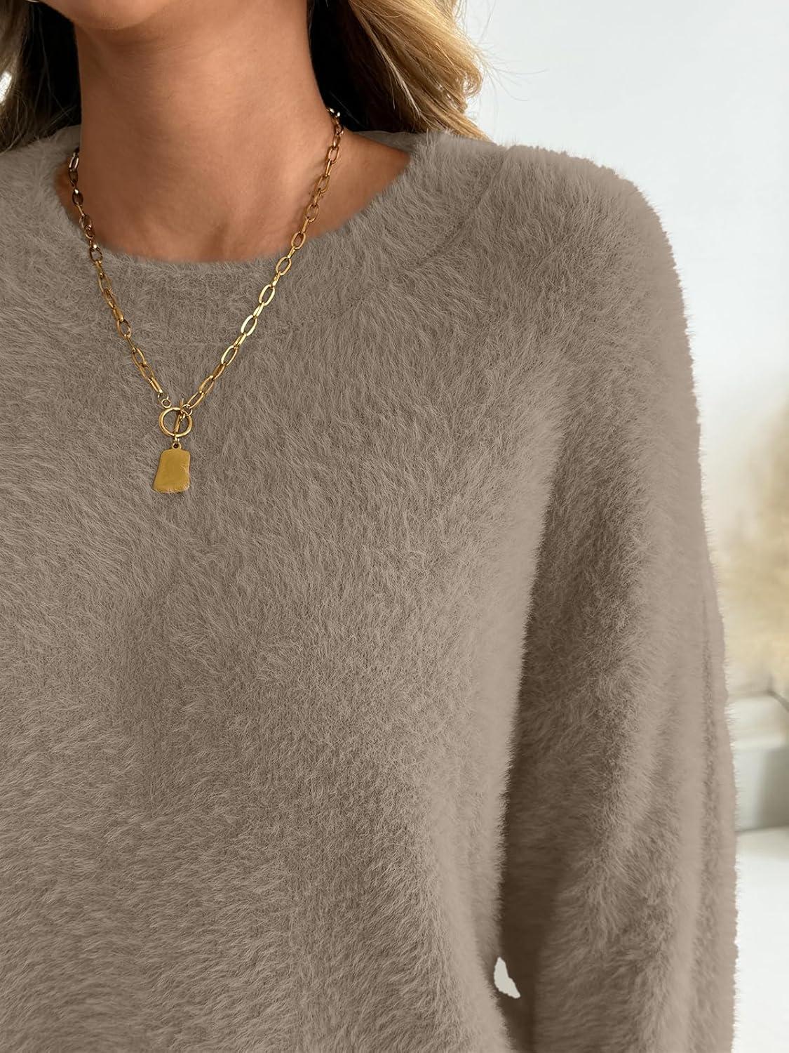 imageLILLUSORY Womens Oversized Fuzzy Chunky Sweaters Cute Fall Cozy Fashion Tops Long Sleeve Crew Neck Trendy Clothes PulloverKhaki