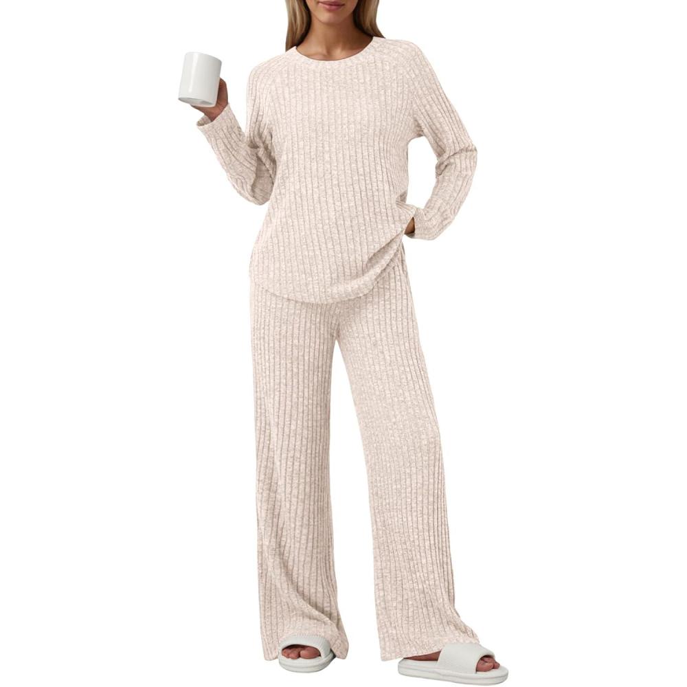 imageLILLUSORY 2 Piece Lounge Sets for Women Matching Casual Pajamas Fall Fashion 2025 Outfits Long Sleeve Ribbed Knit SweatsuitsApricot
