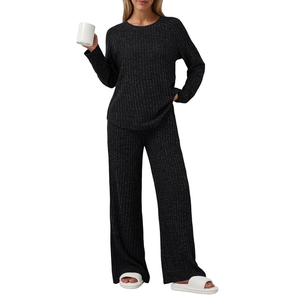 imageLILLUSORY 2 Piece Lounge Sets for Women Matching Casual Pajamas Fall Fashion 2025 Outfits Long Sleeve Ribbed Knit SweatsuitsBlack