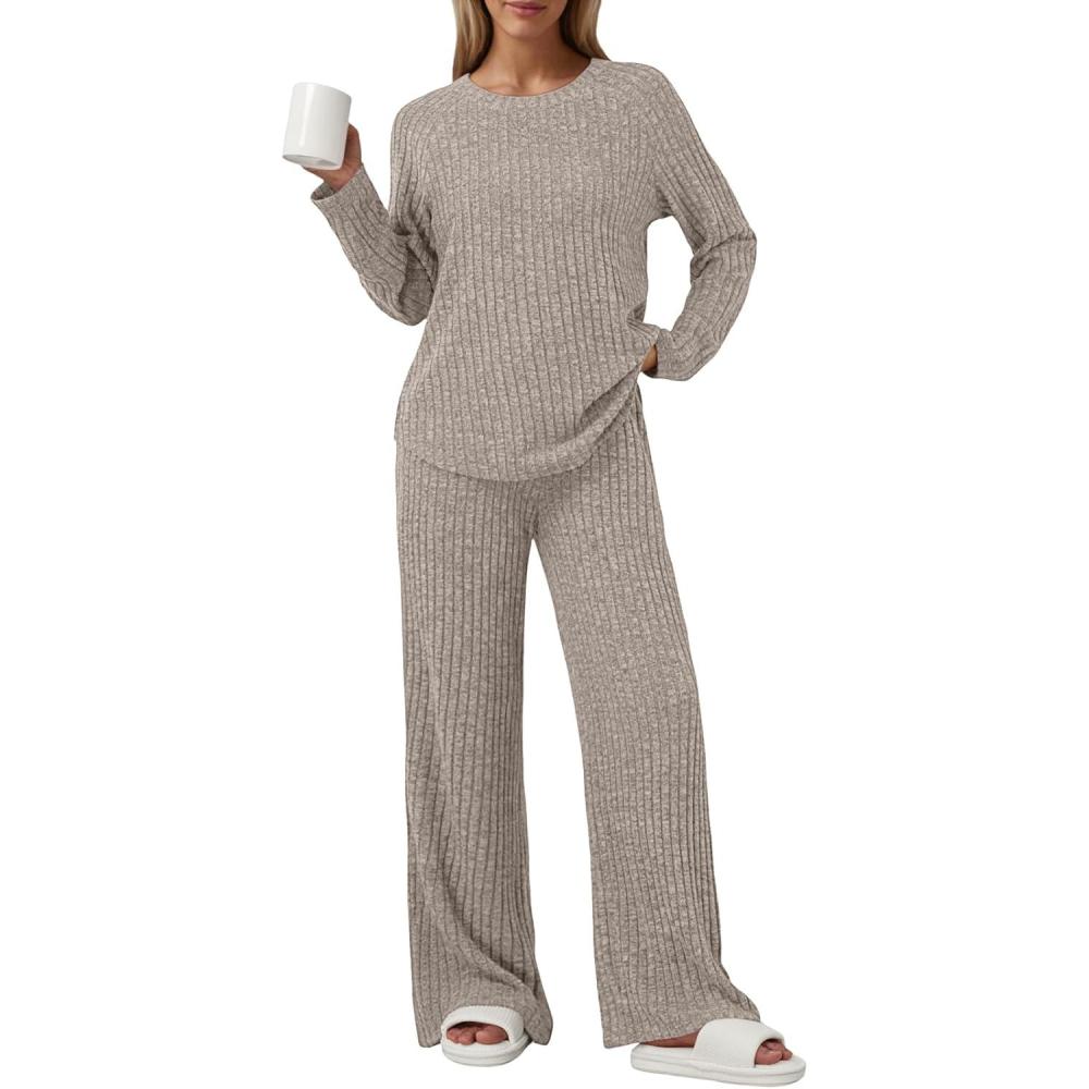 imageLILLUSORY 2 Piece Lounge Sets for Women Matching Casual Pajamas Fall Fashion 2025 Outfits Long Sleeve Ribbed Knit SweatsuitsKhaki