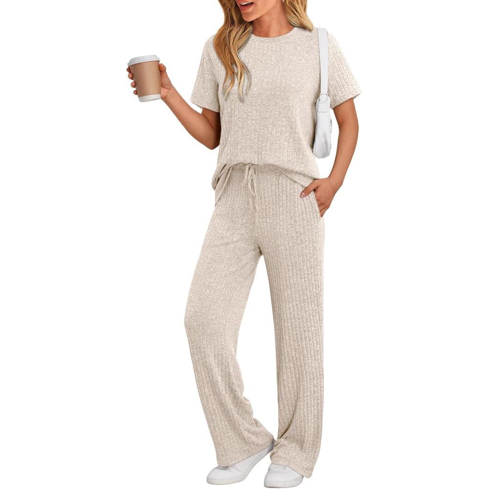 imageLILLUSORY 2 Piece Lounge Sets for Women Sweater Sets Airport Travel Outfits 2025 Sweat Suits Matching Wide Leg PantsApricot
