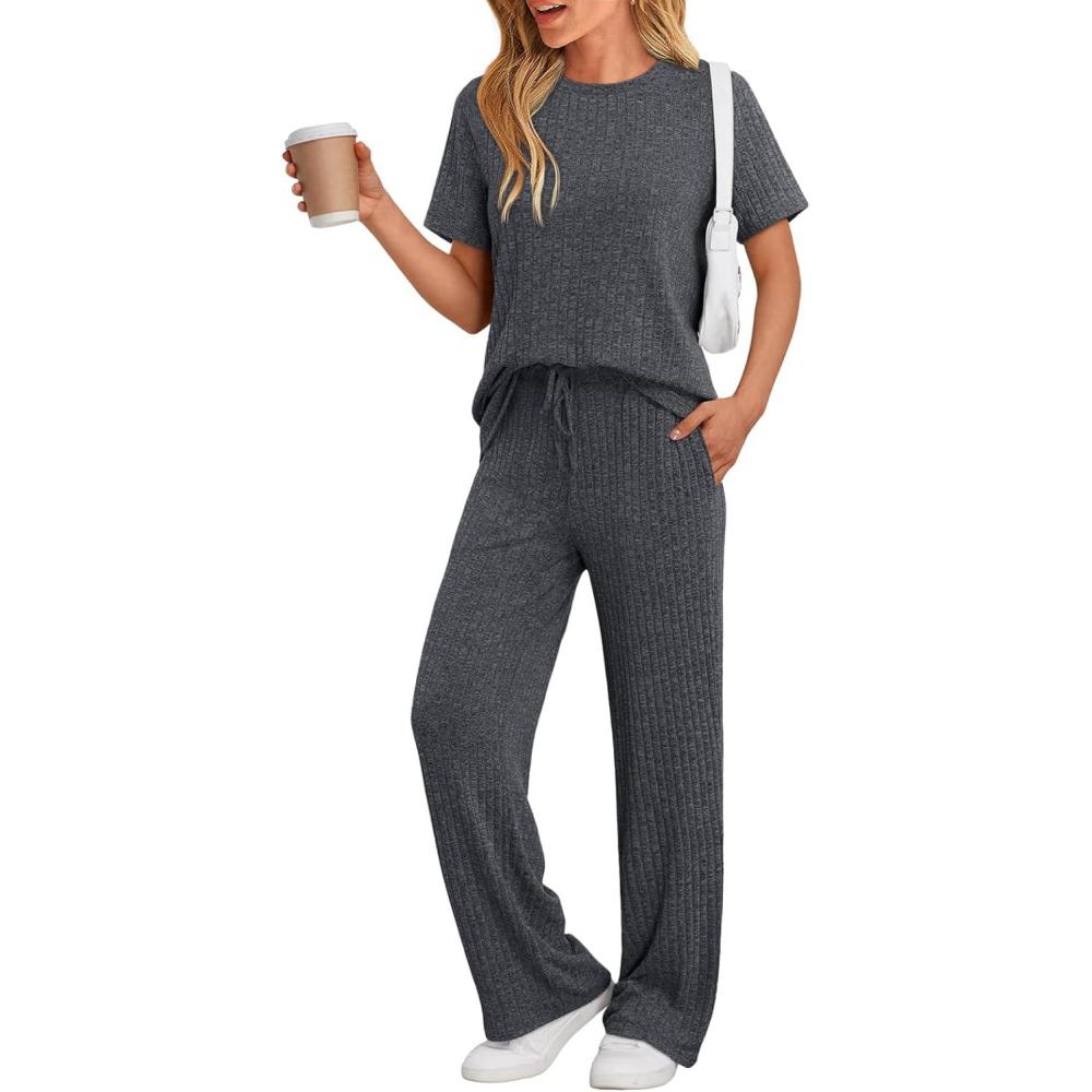 imageLILLUSORY 2 Piece Lounge Sets for Women Sweater Sets Airport Travel Outfits 2025 Sweat Suits Matching Wide Leg PantsBlackgrey