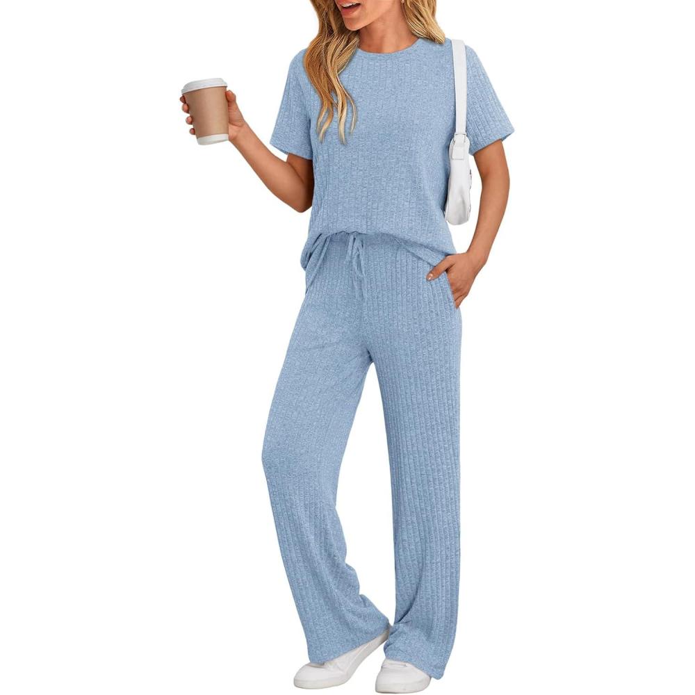 imageLILLUSORY 2 Piece Lounge Sets for Women Sweater Sets Airport Travel Outfits 2025 Sweat Suits Matching Wide Leg PantsLightblue