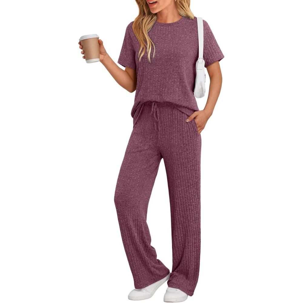 imageLILLUSORY 2 Piece Lounge Sets for Women Sweater Sets Airport Travel Outfits 2025 Sweat Suits Matching Wide Leg PantsWinered