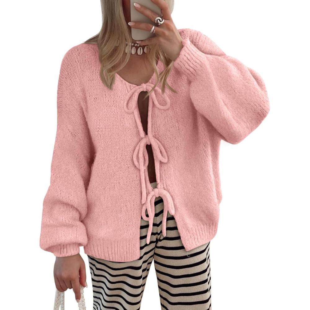 imageLILLUSORY Tie Front Cardigan Sweaters for Women Trendy 2025 Fall Fashion Outfits Puff Sleeve Bow Tops Cute Knit SweaterPink