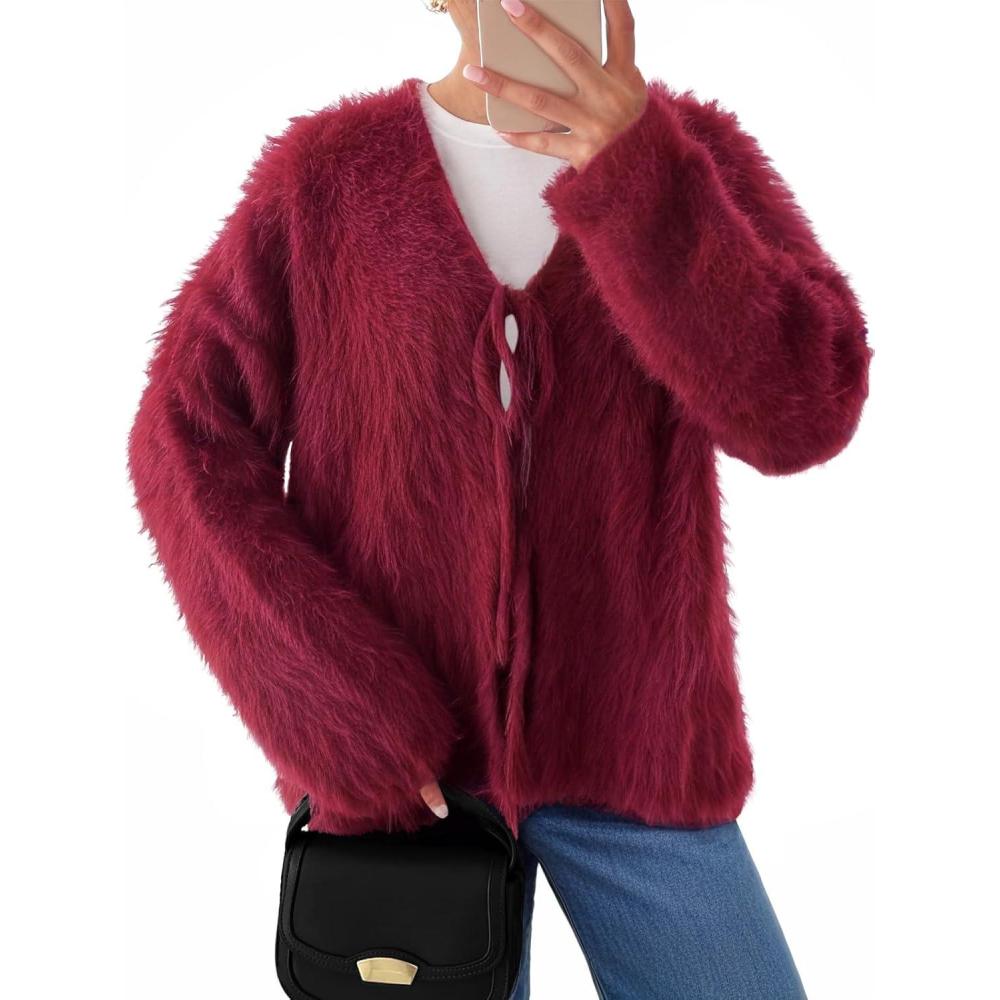 imageLILLUSORY Women Chunky Cardigan Sweater Fall Oversized Cozy Bow Tie Front Outfit V Neck Trendy Fashion Fuzzy ClothesWine