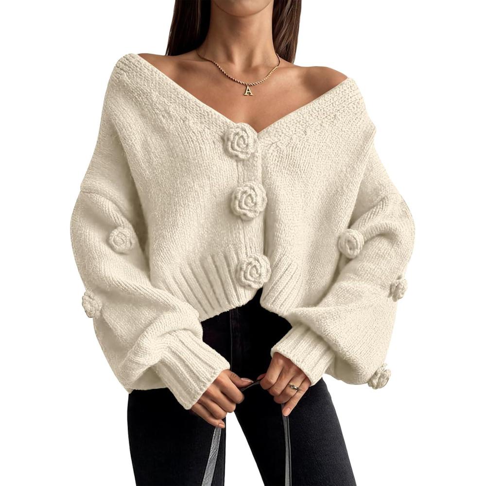 imageLILLUSORY Women Chunky Cropped Cardigan Sweater Fall Oversized V Neck Clothes Y2K Cozy Puff Sleeve Floral Outfit FashionApricot