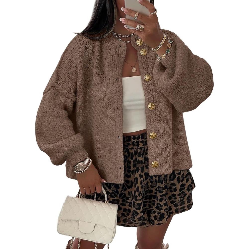 imageLILLUSORY Women Chunky Cropped Oversized Cardigan Sweater Fall Cozy Outfit Fashion Clothes Winter Trendy 2025 Button CoatNutmeg
