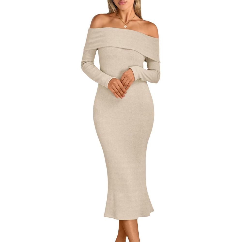 imageLILLUSORY Womens Off The Shoulder Sweater Dress Bodycon Maxi Long Sleeve Party DressesApricot