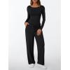 imageLILLUSORY Womens Boat Neck Long Sleeve Side Ruching Asymmetric Hem Top Wide Leg Pants 2 Piece Casual Lounge Set with PocketsBlack