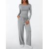 imageLILLUSORY Womens Boat Neck Long Sleeve Side Ruching Asymmetric Hem Top Wide Leg Pants 2 Piece Casual Lounge Set with PocketsGrey