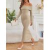 imageLILLUSORY Womens Off The Shoulder Sweater Dress Bodycon Maxi Long Sleeve Party DressesTan