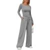 imageLILLUSORY Womens Boat Neck Long Sleeve Side Ruching Asymmetric Hem Top Wide Leg Pants 2 Piece Casual Lounge Set with PocketsGrey