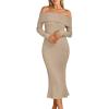 imageLILLUSORY Womens Off The Shoulder Sweater Dress Bodycon Maxi Long Sleeve Party DressesTan