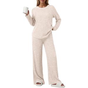 imageLILLUSORY 2 Piece Lounge Sets for Women Matching Casual Pajamas Fall Fashion 2025 Outfits Long Sleeve Ribbed Knit SweatsuitsApricot