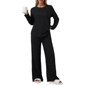 imageLILLUSORY 2 Piece Lounge Sets for Women Matching Casual Pajamas Fall Fashion 2025 Outfits Long Sleeve Ribbed Knit SweatsuitsBlack
