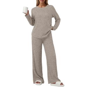 imageLILLUSORY 2 Piece Lounge Sets for Women Matching Casual Pajamas Fall Fashion 2025 Outfits Long Sleeve Ribbed Knit SweatsuitsKhaki