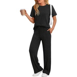 imageLILLUSORY 2 Piece Lounge Sets for Women Sweater Sets Airport Travel Outfits 2025 Sweat Suits Matching Wide Leg PantsBlack