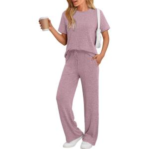 imageLILLUSORY 2 Piece Lounge Sets for Women Sweater Sets Airport Travel Outfits 2025 Sweat Suits Matching Wide Leg PantsDarkpink