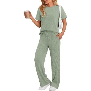 imageLILLUSORY 2 Piece Lounge Sets for Women Sweater Sets Airport Travel Outfits 2025 Sweat Suits Matching Wide Leg PantsGreen