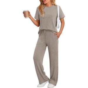 imageLILLUSORY 2 Piece Lounge Sets for Women Sweater Sets Airport Travel Outfits 2025 Sweat Suits Matching Wide Leg PantsKhaki
