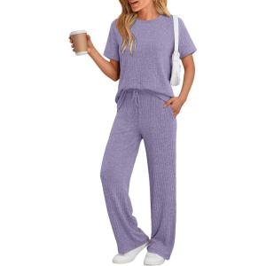 imageLILLUSORY 2 Piece Lounge Sets for Women Sweater Sets Airport Travel Outfits 2025 Sweat Suits Matching Wide Leg PantsPurple