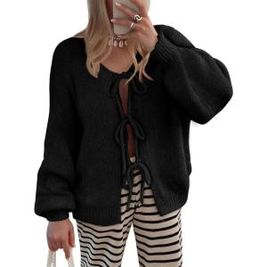 imageLILLUSORY Tie Front Cardigan Sweaters for Women Trendy 2025 Fall Fashion Outfits Puff Sleeve Bow Tops Cute Knit SweaterBlack
