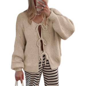 imageLILLUSORY Tie Front Cardigan Sweaters for Women Trendy 2025 Fall Fashion Outfits Puff Sleeve Bow Tops Cute Knit SweaterKhaki