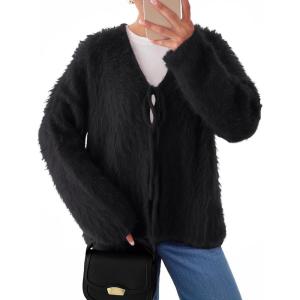 imageLILLUSORY Women Chunky Cardigan Sweater Fall Oversized Cozy Bow Tie Front Outfit V Neck Trendy Fashion Fuzzy ClothesBlack