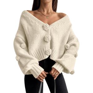 imageLILLUSORY Women Chunky Cropped Cardigan Sweater Fall Oversized V Neck Clothes Y2K Cozy Puff Sleeve Floral Outfit FashionApricot