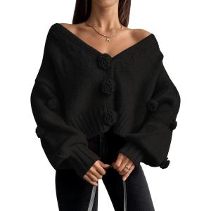 imageLILLUSORY Women Chunky Cropped Cardigan Sweater Fall Oversized V Neck Clothes Y2K Cozy Puff Sleeve Floral Outfit FashionBlack