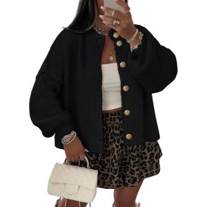 imageLILLUSORY Women Chunky Cropped Oversized Cardigan Sweater Fall Cozy Outfit Fashion Clothes Winter Trendy 2025 Button CoatBlack