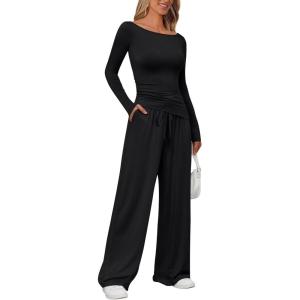 imageLILLUSORY Womens Boat Neck Long Sleeve Side Ruching Asymmetric Hem Top Wide Leg Pants 2 Piece Casual Lounge Set with PocketsBlack