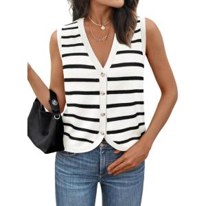 imageLILLUSORY Womens Fall Fashion Sweaters Vest Tops Knit Sleeveless Button Down V Neck Casual Clothes Trendy Outfits 2025Stripedapricot
