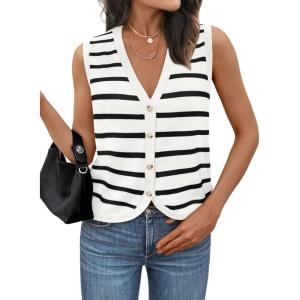 imageLILLUSORY Womens Fall Fashion Sweaters Vest Tops Knit Sleeveless Button Down V Neck Casual Clothes Trendy Outfits 2025Stripedwhite