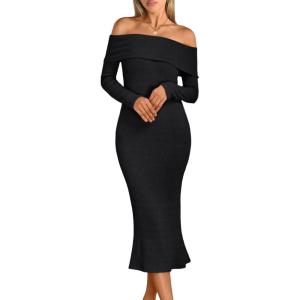 imageLILLUSORY Womens Off The Shoulder Sweater Dress Bodycon Maxi Long Sleeve Party DressesBlack