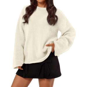 imageLILLUSORY Womens Oversized Fuzzy Chunky Sweaters Cute Fall Cozy Fashion Tops Long Sleeve Crew Neck Trendy Clothes PulloverIvory