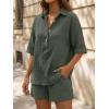 image:imageLILLUSORY Women 2 Piece Linen Short Sets 2026 Summer Vacation V Neck Short Sleeve Beach Outfits Oversized Button Casual SuitsArmy Green