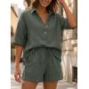 image:imageLILLUSORY Women 2 Piece Linen Short Sets 2026 Summer Vacation V Neck Short Sleeve Beach Outfits Oversized Button Casual SuitsArmy Green