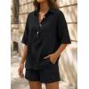 image:imageLILLUSORY Women 2 Piece Linen Short Sets 2026 Summer Vacation V Neck Short Sleeve Beach Outfits Oversized Button Casual SuitsBlack