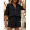 image:imageLILLUSORY Women 2 Piece Linen Short Sets 2026 Summer Vacation V Neck Short Sleeve Beach Outfits Oversized Button Casual SuitsBlack