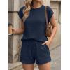 image:imageLILLUSORY Women 2 Piece Matching Lounge Sets Clothing 2026 Waffle Knit Cap Sleeve Summer Airport Outfits with ShortsNavy Blue