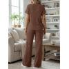 image:imageLILLUSORY Womens 2 Piece Matching Lounge Sets Summer Henley Neck Wide Leg Pants Casual Sweat SuitBrown