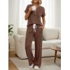 image:imageLILLUSORY Womens 2 Piece Matching Lounge Sets Summer Henley Neck Wide Leg Pants Casual Sweat SuitBrown