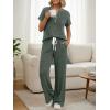 image:imageLILLUSORY Womens 2 Piece Matching Lounge Sets Summer Henley Neck Wide Leg Pants Casual Sweat SuitGreen