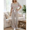 image:imageLILLUSORY Womens 2 Piece Matching Lounge Sets Summer Henley Neck Wide Leg Pants Casual Sweat SuitKhaki
